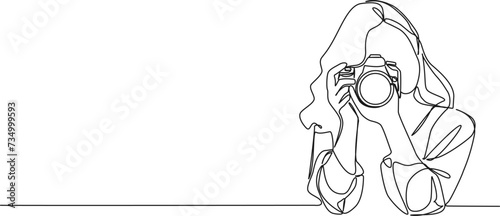 continuous single line drawing of woman with DSLR camera taking pictures, line art vector illustration photo