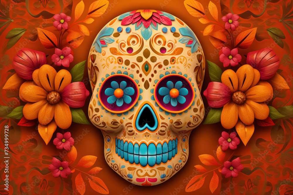 Decorative Sugar Skull with Vibrant Flowers Illustration