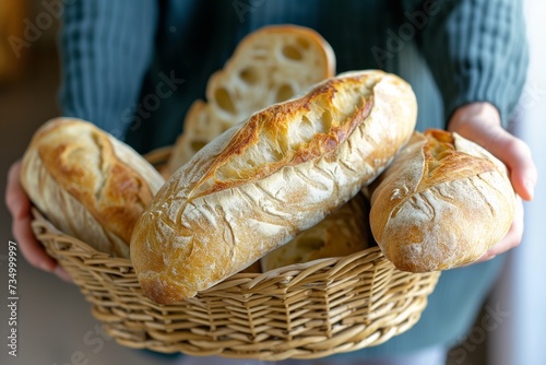 person with fresh ciabatta in a bread basket