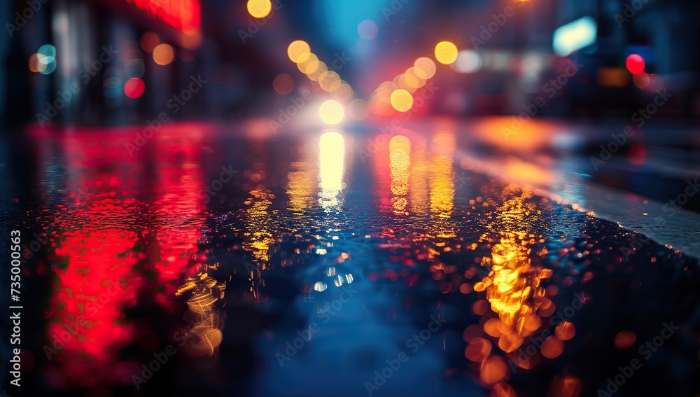 Reflection of city lights on wet pavement. The concept of an urban night landscape.