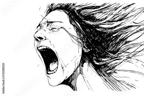 Angry scream woman hand drawn ink sketch. Emotional girl vector illustration. photo