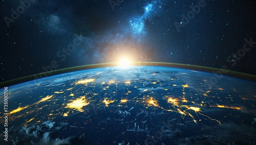 Earth from space with a starry sky and sunrise. The concept of globality and cosmic space. photo