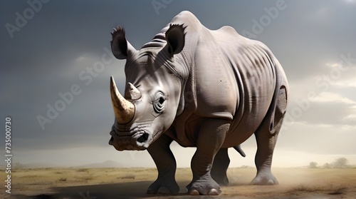 White rhinoceros standing in the desert with dramatic sky.