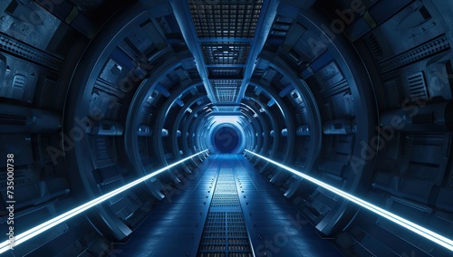 Blue futuristic spacecraft corridor. Concept of science fiction interior design.