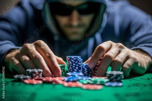 Professional poker player in hoodie and sunglasses gambling with cards and chips at casino table