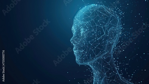 Outline of a human head with a network of connected lines on a dark background. The concept of artificial intelligence and neural networks. #735000776