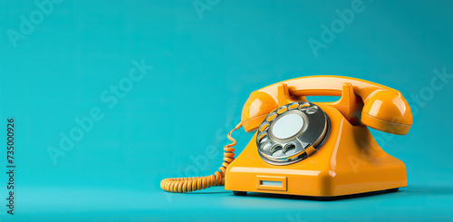A bright yellow phone on a blue background. The concept of communication and retro style.