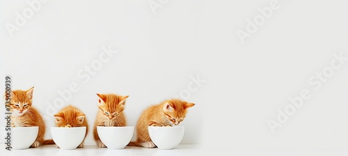 Excited kittens await meal, cute cats in panoramic background, blissfully gathered for nutrition.