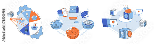 Defi vector illustration. Digital currencies are disrupting traditional finance and reshaping business landscape Cyberspace has become hub for innovative DeFi solutions and financial technologies