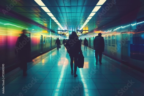 Commuters silhouettes in subway station, train station or airport. Rush Hour in public transport with abstract colorful light trails