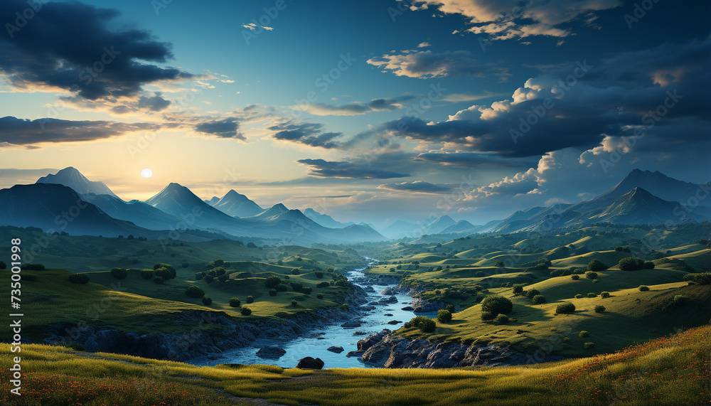 Majestic mountain peak reflects tranquil sunset on grassy meadow generated by AI Majestic mountain peak reflects tranquil sunset on grassy meadow generated by AI