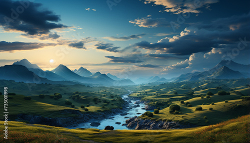 Majestic mountain peak reflects tranquil sunset on grassy meadow generated by AI © grgroup