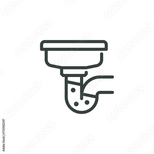 Clogged Kitchen Sink Thin Outline Icon, Blocked Water Pipe. Such Line Sign as Drain Repair or Plumbing Service, Drain Cleaning. Flat Vector Isolated Pictogram on White Background Editable Stroke.