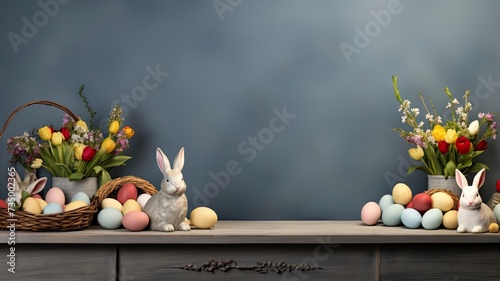 frohe ostern hintergrund panorama banner gruÃŸkarte - osterei mit hasenohren / osterhase mit mundschutzmaske und lettering text isoliert auf schwarzer tafel kreidetafel beton textur with generative ai photo