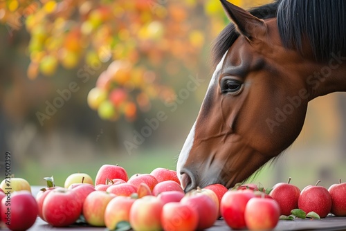 horse sampling from a variety of apples on table photo