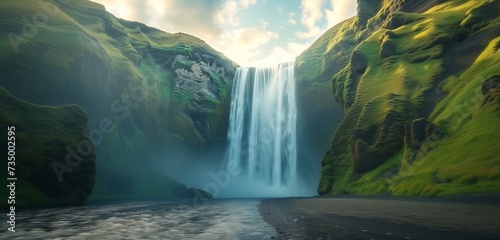 The majestic Skogafoss waterfall in Iceland cascades down from rugged cliffs  its pristine waters enveloped in a fine mist under the glow of the Northern Lights dancing overhead.