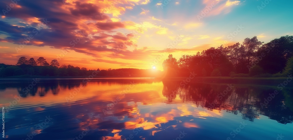 The sun rises over a tranquil lake, its surface smooth as glass, reflecting the fiery colors of dawn and the silhouettes of trees lining the water's edge.