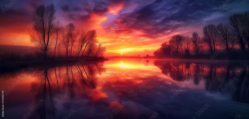 The sun rises over a tranquil lake, its surface smooth as glass, reflecting the fiery colors of dawn and the silhouettes of trees lining the water's edge.