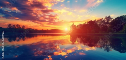 The sun rises over a tranquil lake  its surface smooth as glass  reflecting the fiery colors of dawn and the silhouettes of trees lining the water s edge.