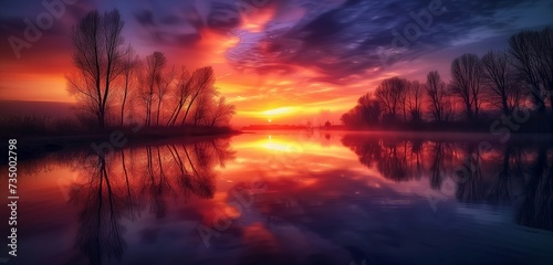 The sun rises over a tranquil lake, its surface smooth as glass, reflecting the fiery colors of dawn and the silhouettes of trees lining the water's edge.