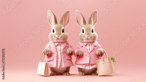 Two cute rabbits in clothes go shopping on pink background.