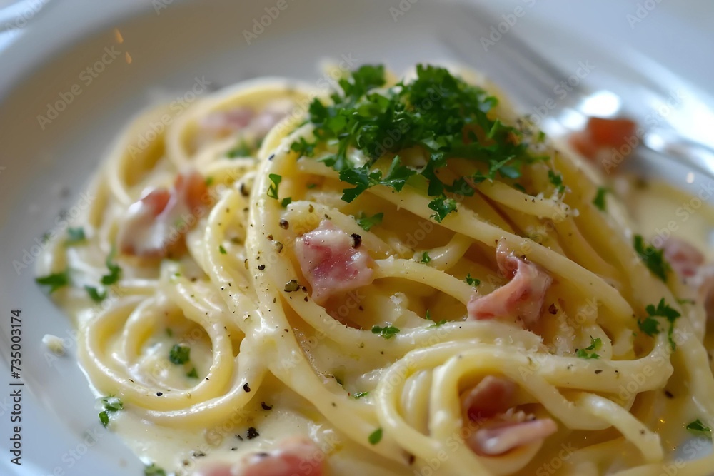 Close-up image of a single dish of Spaghetti Carbonara, Italian cuisine, detailed textures, stock photo style.