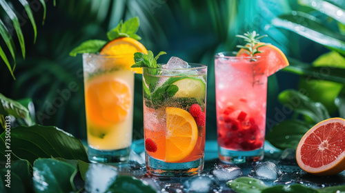 refreshment fruit cocktails with vibrant garnishes  set against a backdrop of lush tropical foliage and scattered ice cubes.