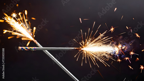 burning sparklers against a bright dark background abstract modern party concept banner. sparkler on black background