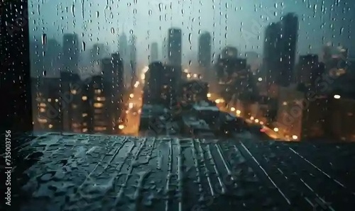 Medium shot of Water droplets on a window panel of an high floor apartment building overlooking blurry urban,building during rain day at day