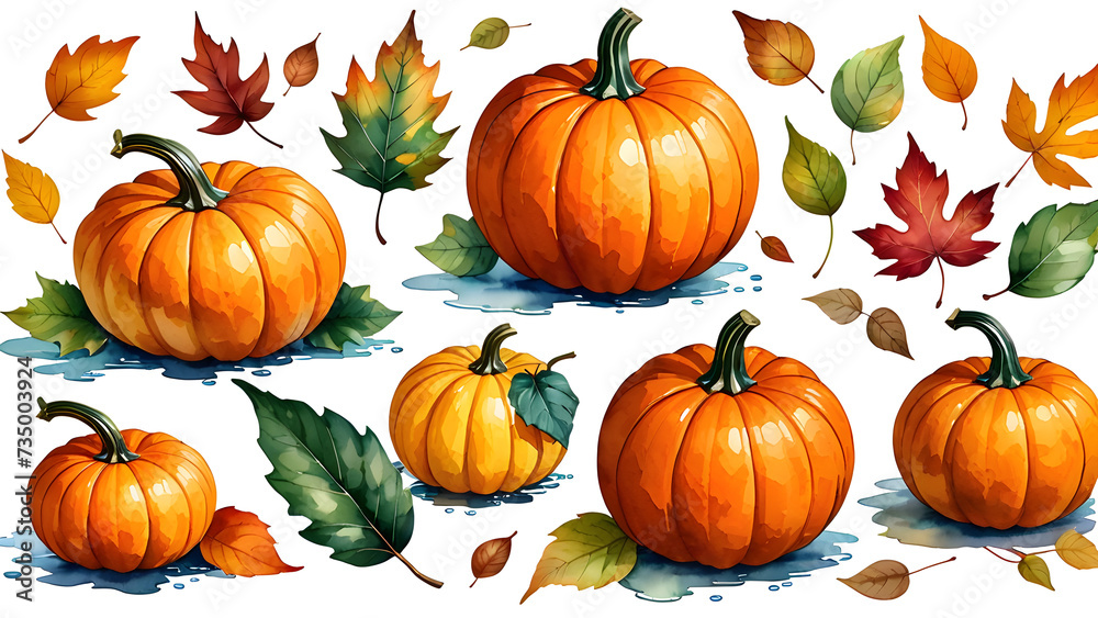 vector collection of autumn pumpkins and leaves. on a white background. collection of pumpkins