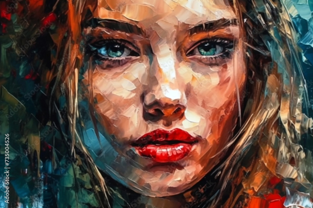 Fragment of a portrait of a young beautiful girl with red lips. Acrylic , oil painting on canvas Fragment of a portrait of a young beautiful girl with red lips. Acrylic , oil painting on canvas