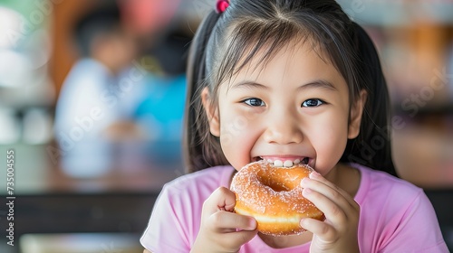 Joyful preteen girl savoring donuts in restaurant with blurred background and space for text