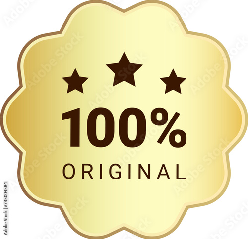 100 percent original product gold label sign. Round premium quality product guarantee logo with stars. Vector golden gradient wavy badge, rubber seal stamp symbol for sticker, logo, certificate