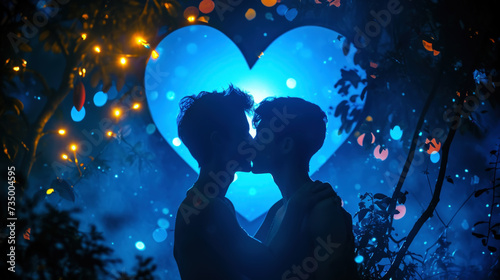 Gay couple kissing against the background of bokeh of hearts. Romantic night Love engagement concept. Generative AI