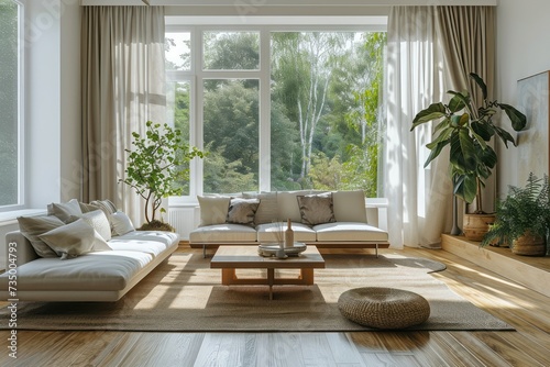 A cozy and airy living room bathed in natural sunlight, featuring large windows, a comfortable white sectional sofa, and indoor plants.