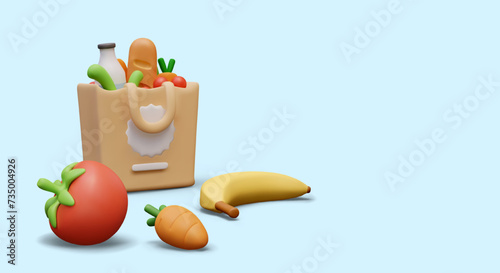 Unbranded shopping bag with food, 3D fruits, vegetables. Advertising banner