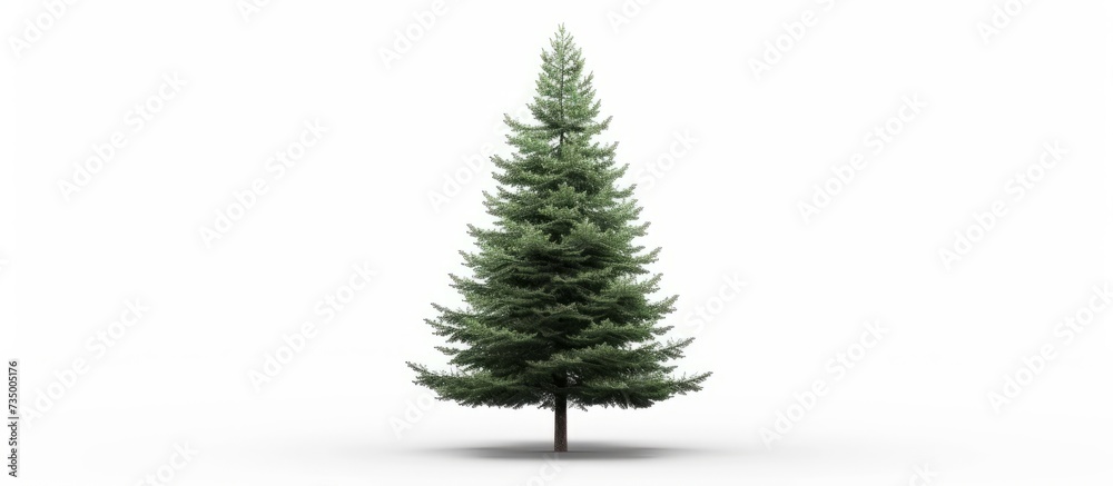 Close-up of a beautiful small pine tree with green needles on a clean white background