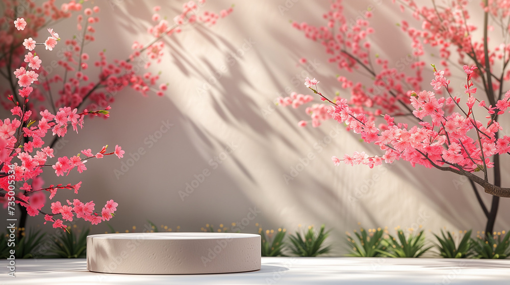pink sakura flowers background wooden table podium pink sakura flowers background wooden table podium