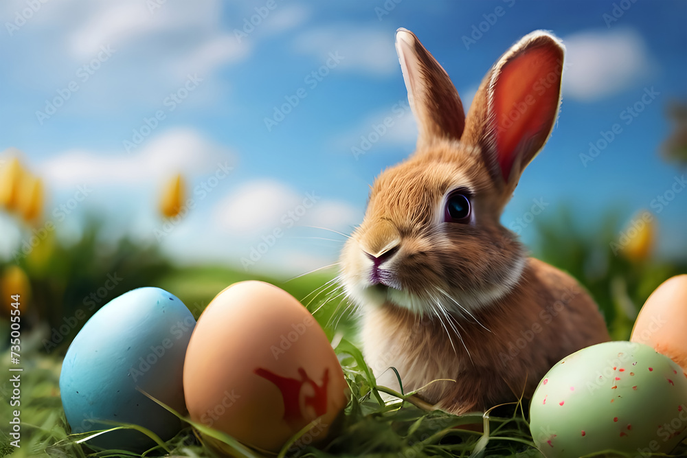 eggs and bunny in the grass and background with sky