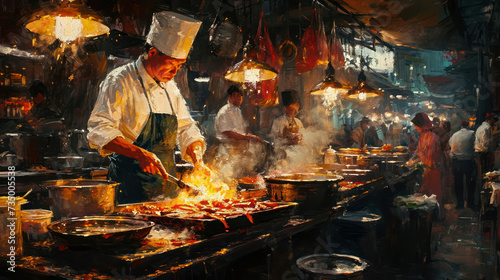 Sizzling Street Food: A Delicious Asian Market Cuisine in a Vibrant City.