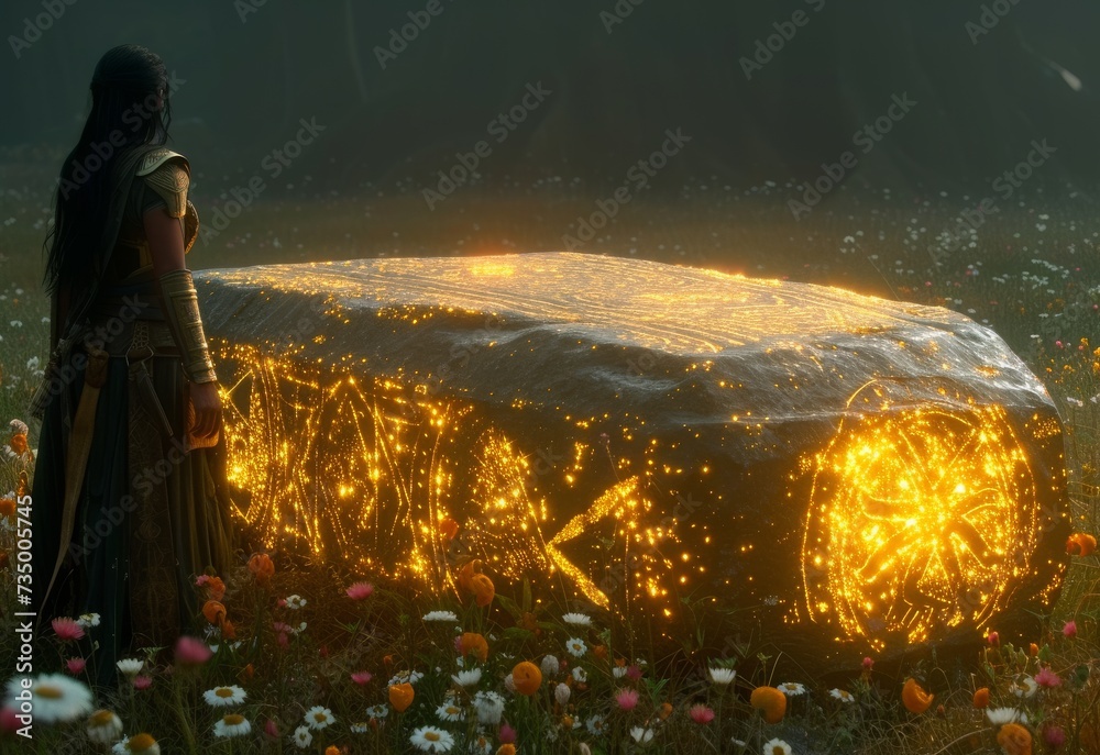 Obraz premium Woman Standing in Field Next to Glowing Object