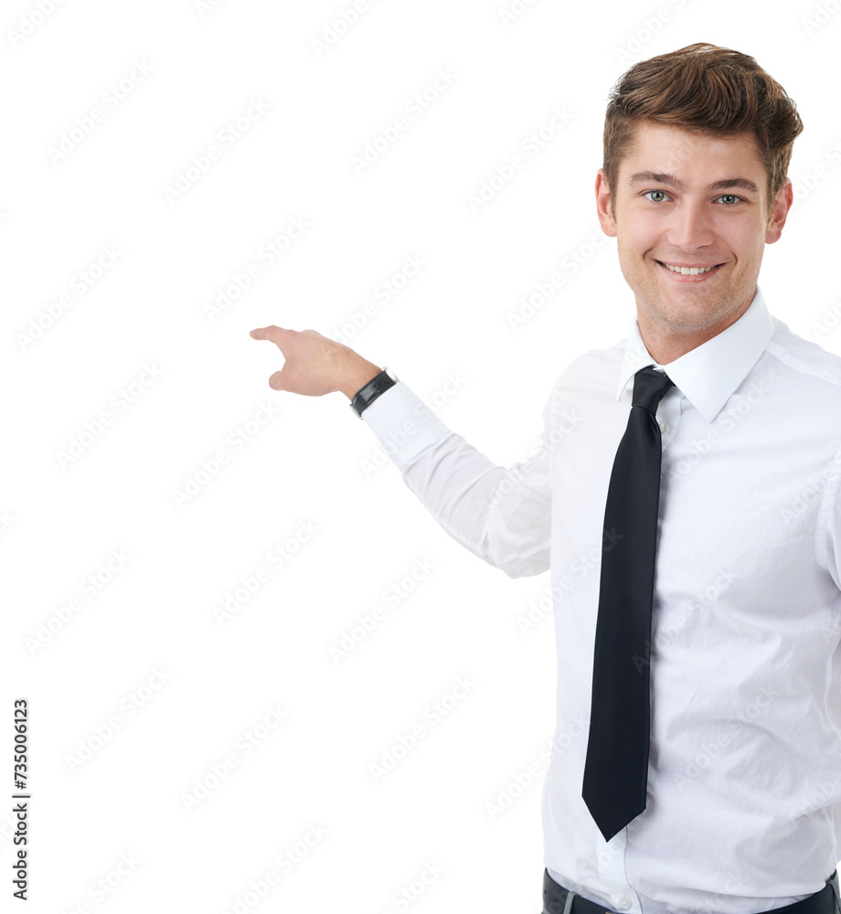 Portrait, business and man with promotion, pointing and person isolated on white studio background. Face, model or entrepreneur with review and announcement with opportunity, feedback and information Portrait, business and man with promotion, pointing and person isolated on white studio background. Face, model or entrepreneur with review and announcement with opportunity, feedback and information