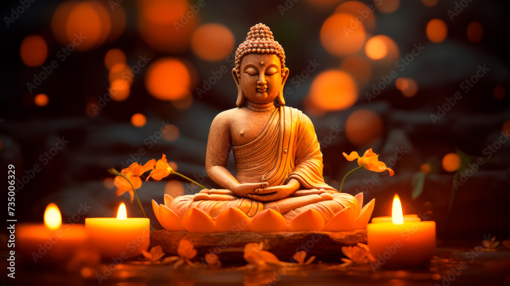 An orange-robed Buddha statue in meditation, encircled by candlelight and orchids, exudes a profound serenity and the deep symbolism of peace in the stillness of twilight.