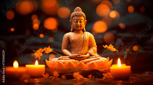 An orange-robed Buddha statue in meditation  encircled by candlelight and orchids  exudes a profound serenity and the deep symbolism of peace in the stillness of twilight.