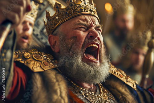 An angry king banging his fist and shouting orders to the guards in the throne room. photo