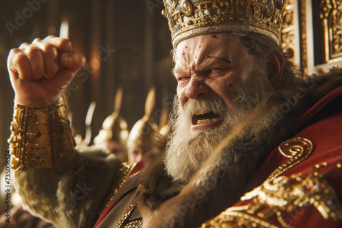 An angry king banging his fist and shouting orders to the guards in the throne room.