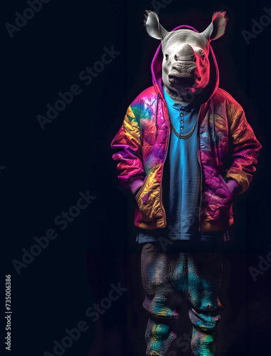 Creative animal concept. Rhinoceros Rhino full body in hip hop stylish fashion isolated on dark background, commercial, editorial advertisement, surreal, copy text space 