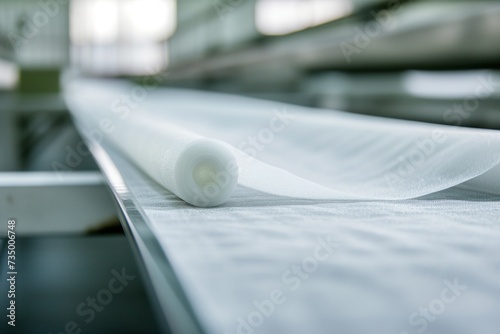 closeup of nonwoven fabric on production conveyor belt photo