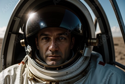 A close-up portrait of a young astronaut in a space suit on a cosmic background. A spaceship, a star is visible in the porthole. Space background. © Ievgen Tytarenko
