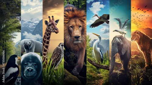 A photo collage of diverse animals and landscapes,  portraying the interconnectedness of nature